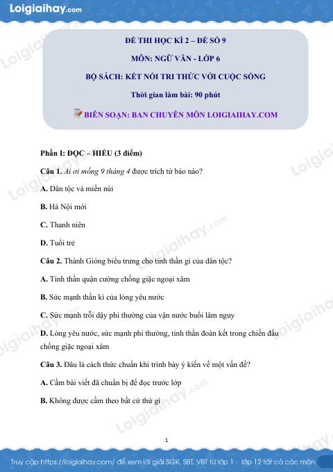 Đề thi học kì 2 Văn 6 Kết nối tri thức - Đề số 9